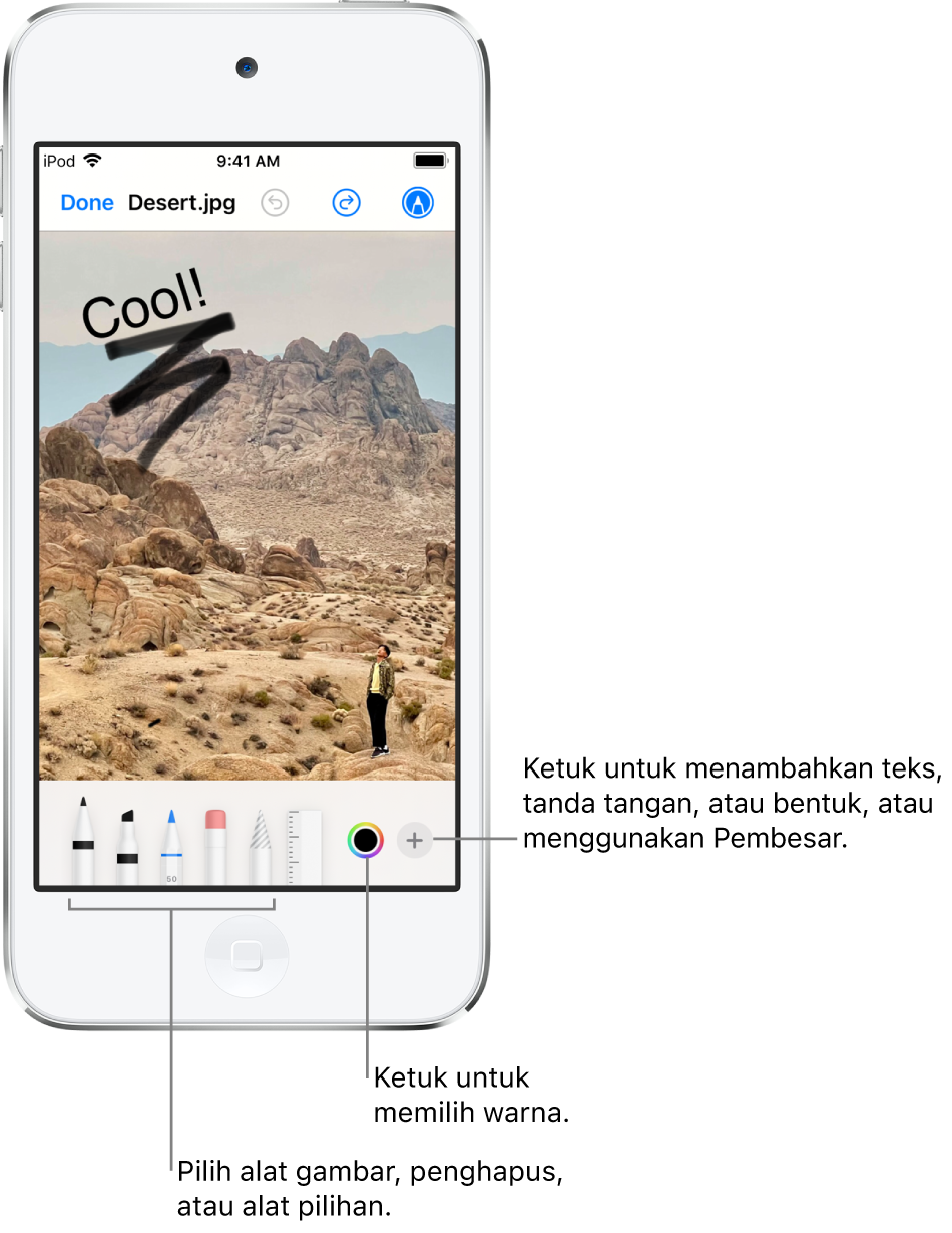 Gambar sedang diedit dengan Markah. Di bawah gambar, dari kiri ke kanan, terdapat tombol untuk alat Markah: pena gambar, penghapus, alat pilihan, warna, dan tombol untuk menambahkan kotak teks, tanda tangan, dan bentuk, serta untuk memilih Pembesar.