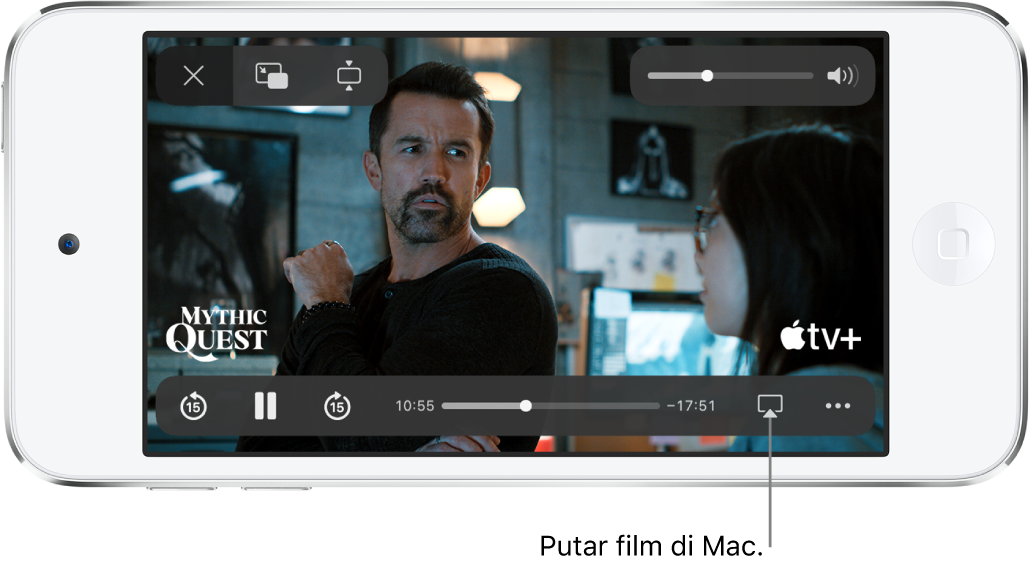 Film diputar di layar iPod touch. Di bagian bawah layar terdapat kontrol pemutaran, termasuk tombol AirPlay di dekat kanan bawah.