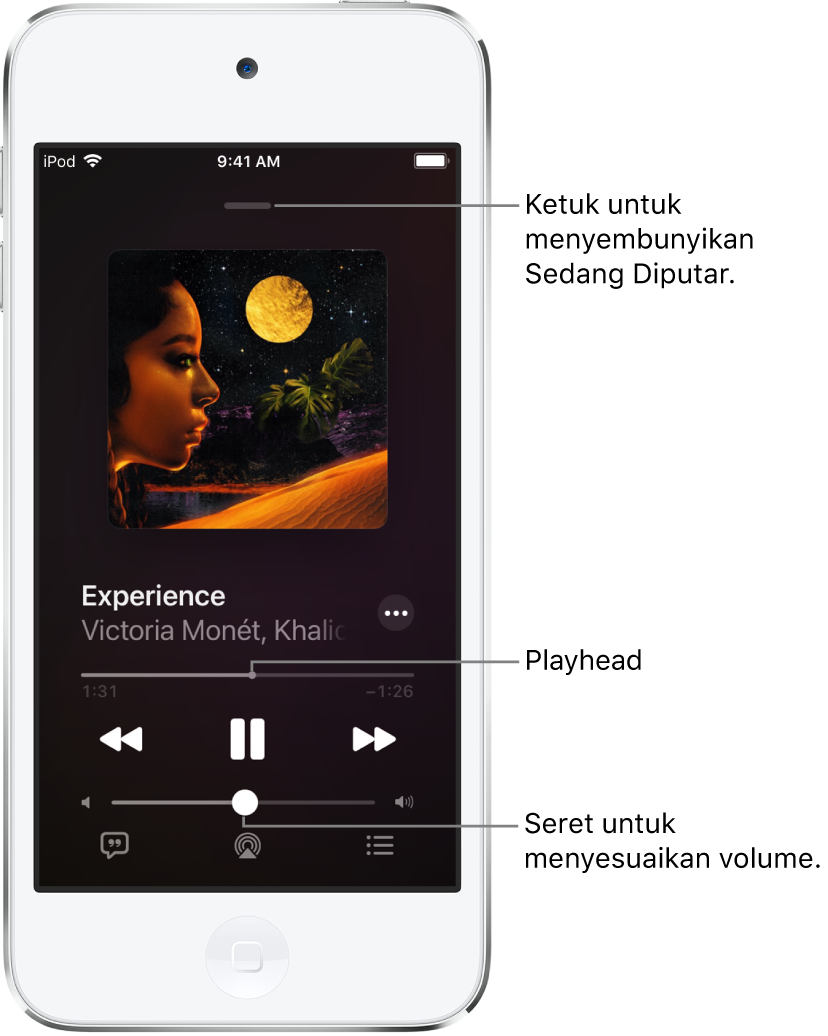 Layar Sedang Diputar menampilkan gambar album. Di bagian bawah terdapat judul lagu, nama artis, tombol Lainnya, pemutaran, kontrol pemutaran, penggeser volume, tombol Lirik, tombol Tujuan Pemutaran, dan tombol Antrean. Tombol Sembunyikan Sedang Diputar berada di bagian atas.