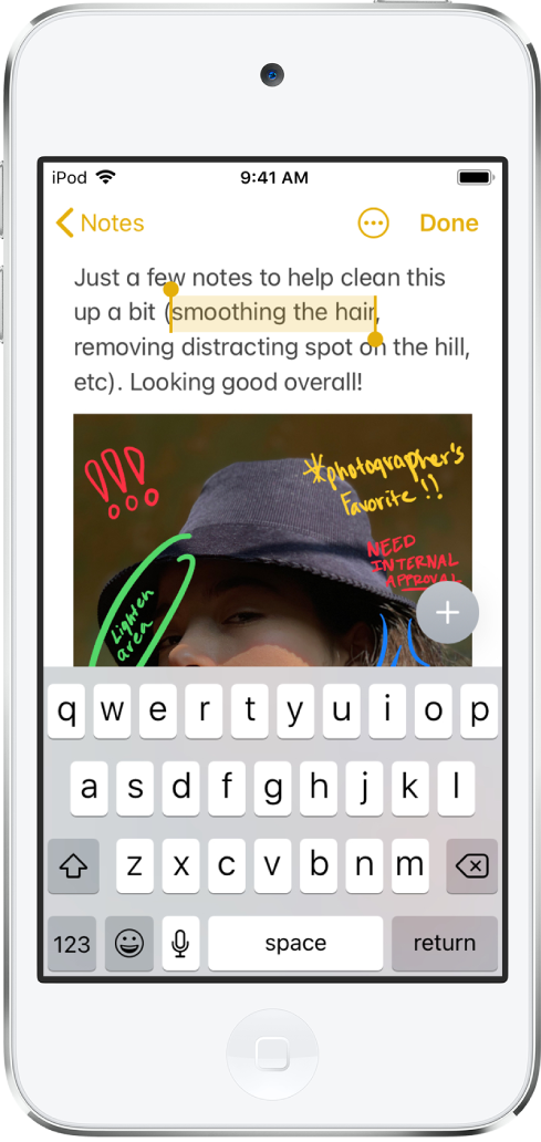 Catatan di app Catatan dengan frasa di paragraf yang dipilih.