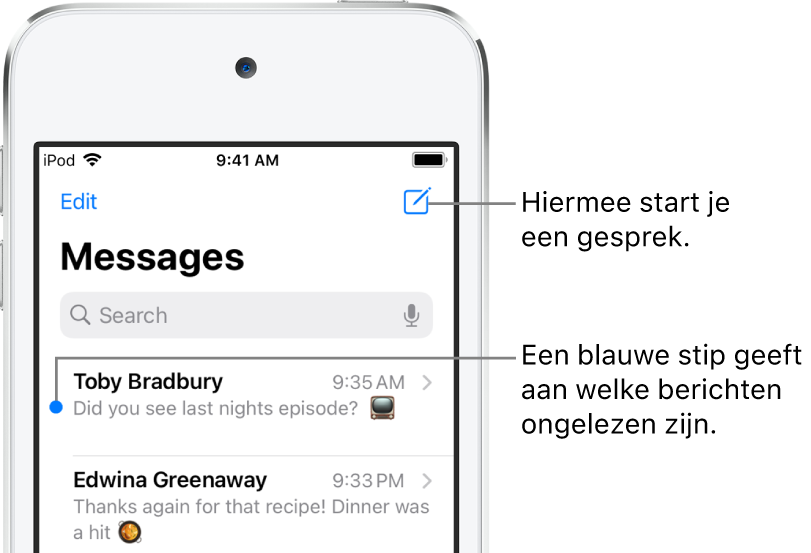 De lijst met berichten, met linksbovenin de knop 'Wijzig' en rechtsbovenin de knop voor het opstellen van een nieuw bericht. Een blauwe stip links naast een bericht geeft aan dat het ongelezen is.