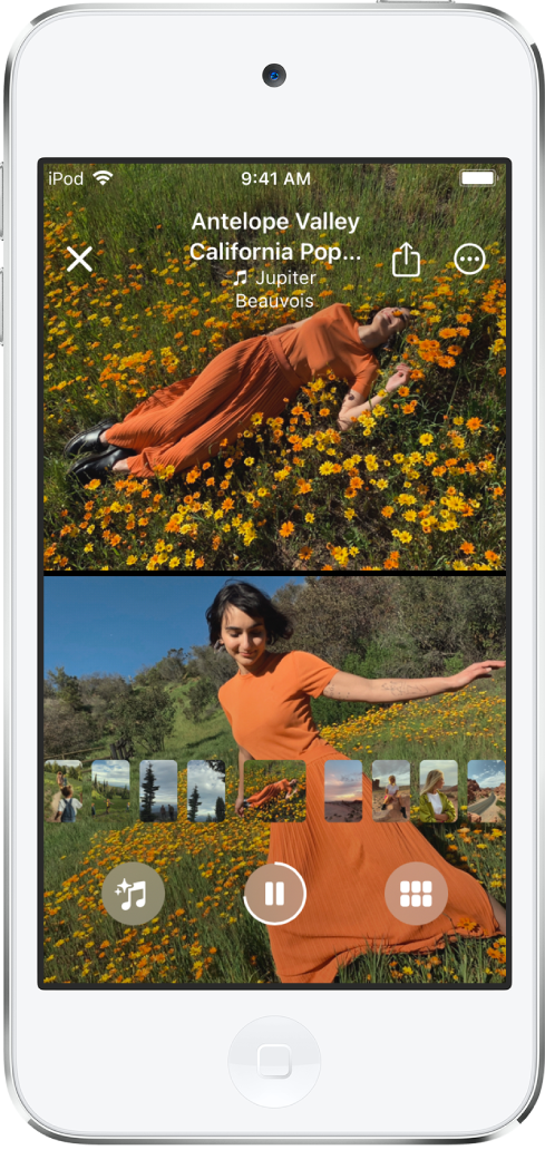 En minneskjerm viser en video øverst. Under videoen er det en bildesamling.