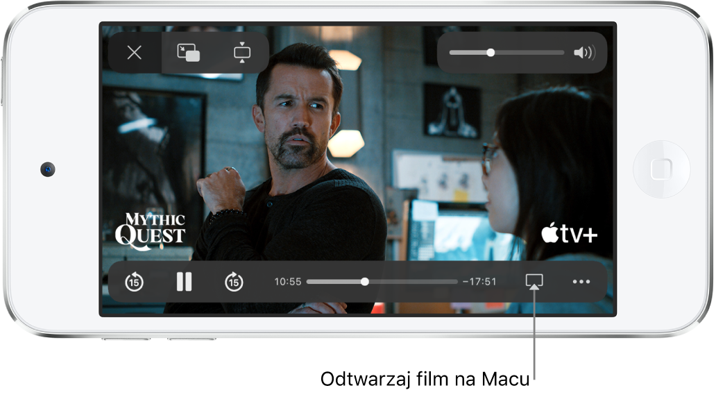 Film odtwarzany na ekranie iPoda touch. Na dole ekranu wyświetlane są narzędzia odtwarzania, w tym przycisk AirPlay (w prawym dolnym rogu).