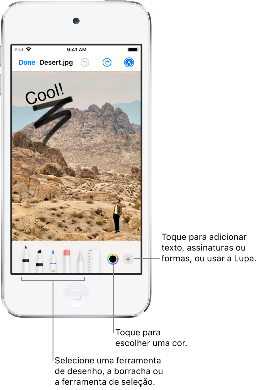Imagem sendo editada com a Marcação. Abaixo da imagem, da esquerda para a direita, estão os botões das ferramentas de Marcação: canetas, borracha, ferramenta de seleção, cores e botões para adicionar uma caixa de texto, assinatura e formas, e para escolher a Lupa.