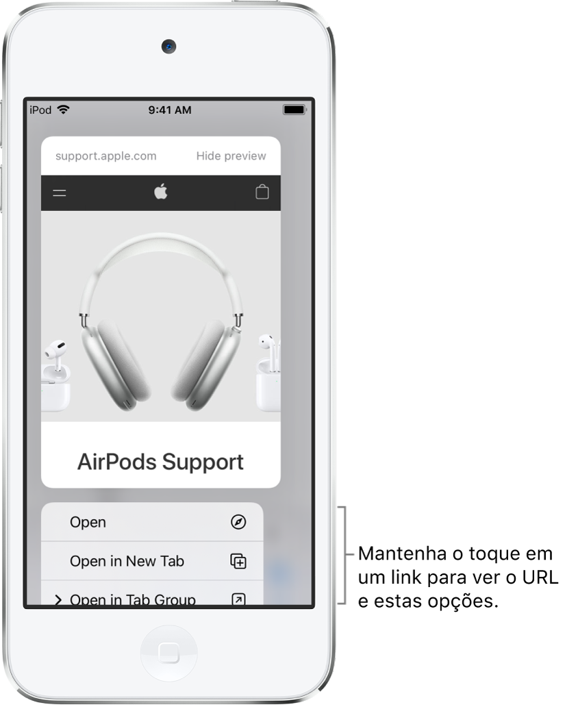 Uma pré-visualização do URL de destino, seguido de uma lista de possíveis ações: Abrir, Abrir em Nova Aba e Abrir no Grupo de Abas.