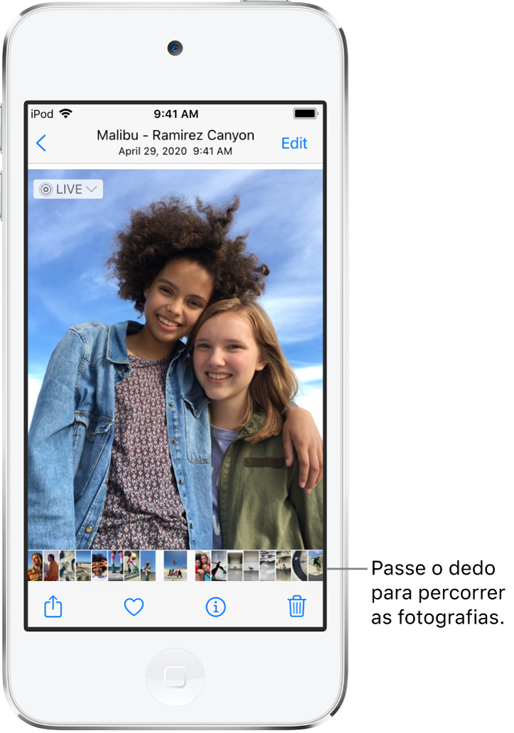 Uma fotografia cobre a maior parte do ecrã, com miniaturas de outras fotografias no fundo do ecrã. O botão anterior está no canto superior esquerdo, que o leva de volta para a vista que estava a explorar. Na parte inferior estão os botões Partilhar, Gostar e Apagar. No canto superior direito está o botão Editar.