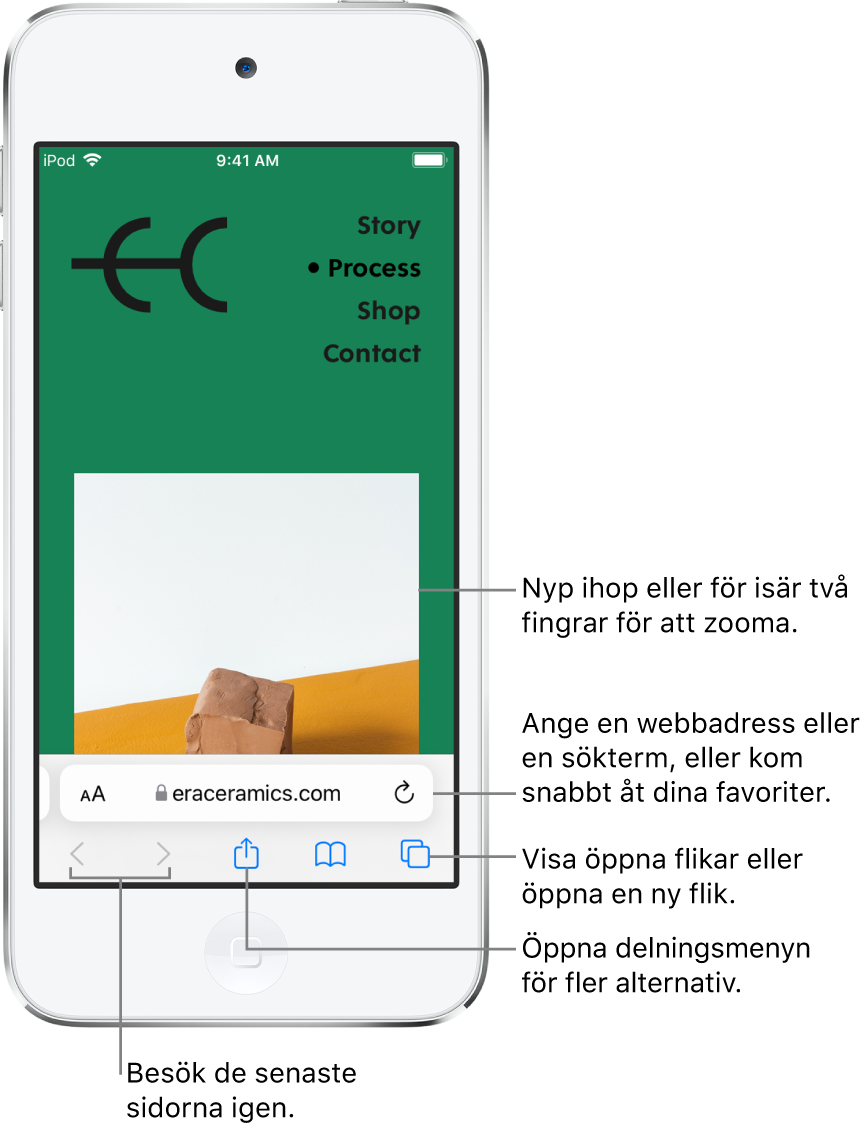 En webbsida som är öppen i Safari med adressfältet längst ned. Längst ned, från vänster till höger, finns knapparna bakåt, framåt, delning, bokmärken och flikar.
