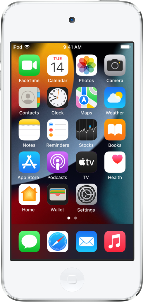 Hemskärmen på iPod touch med mörkt läge aktiverat.