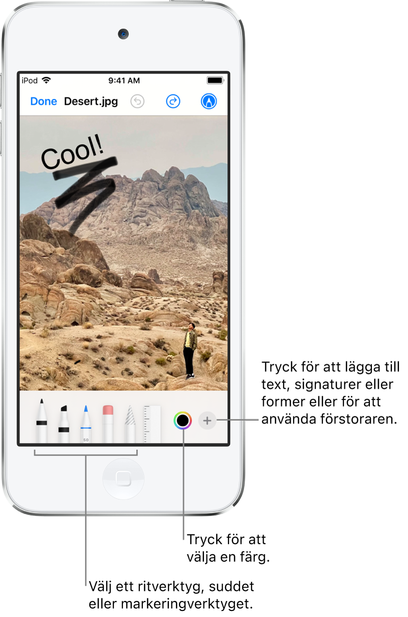 En bild som redigeras med Märkning. Under bilden, från vänster till höger, finns knapparna för märkningsverktygen: ritpennor, suddet, markeringsverktyget, färger, knappar för att lägga till en textruta, din signatur och former samt för att välja förstoraren.