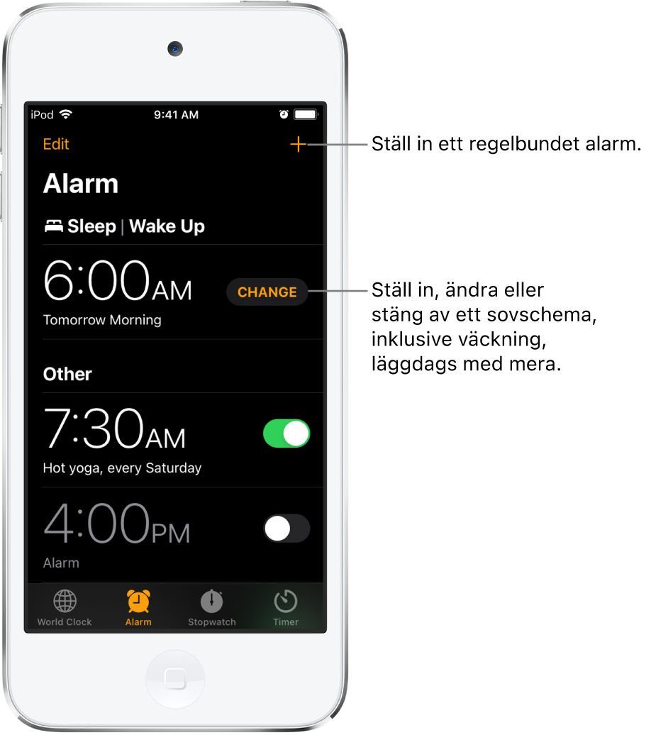 Alarm-fliken som visar tre alarm som har ställts in på olika tidpunkter, knappen för att ställa in ett vanligt alarm högst upp till höger och alarmet Vakna med en knapp för att ändra sovschemat i appen Hälsa.