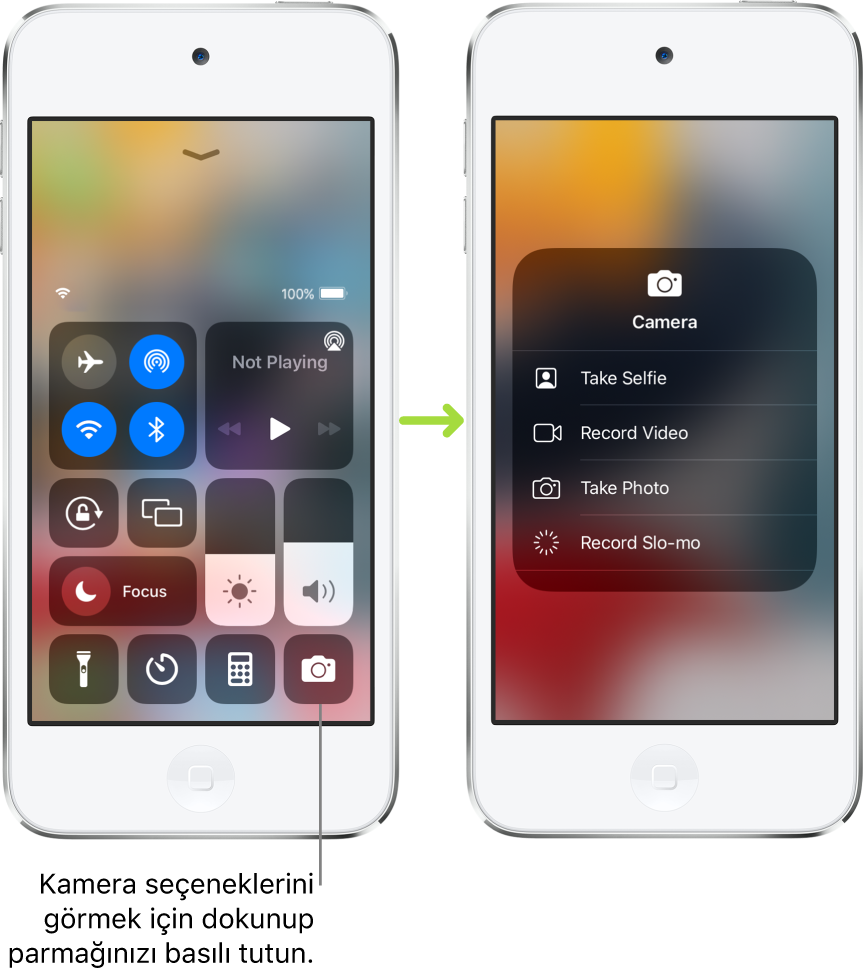Yan yana iki Denetim Merkezi ekranı; soldakinde uçak modu, hücresel veri, Wi-Fi ve Bluetooth denetimleri sol üst grupta gösteriliyor. Kamera simgesi sağ altta gösteriliyor. Sağdaki ekran, Kamera’nın hızlı eylemler menüsünde daha fazla seçenek gösteriyor: Selfie Çek, Video Kaydet, Fotoğraf Çek ve Ağır Çekim.