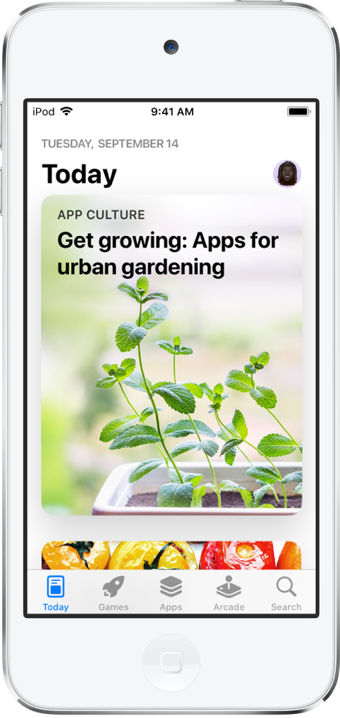 Màn hình Hôm nay trong App Store đang hiển thị một ứng dụng và câu chuyện nổi bật. Ảnh hồ sơ của bạn ở trên cùng bên phải. Ở cạnh dưới, từ trái sang phải, là các tab Hôm nay, Trò chơi, App, Arcade và Tìm kiếm.