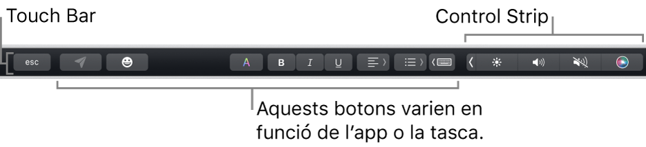 La Touch Bar, situada a la part superior del teclat, que mostra la Control Strip contreta, a la dreta, i botons que varien segons l'aplicació o la tasca.
