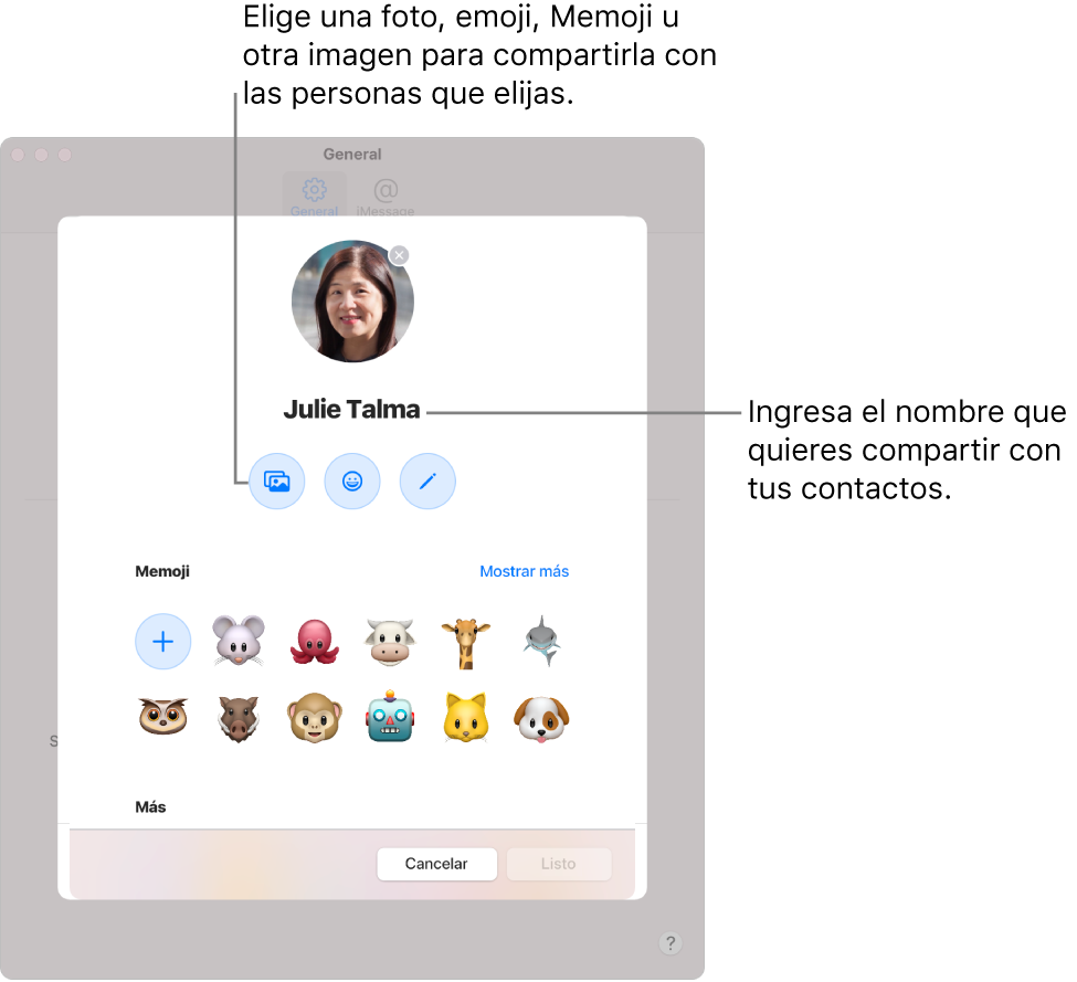 Al configurar “Compartir nombre y foto”, puedes elegir una foto, emoji, Memoji u otra imagen para compartirla con las personas que quieras; y de forma adicional, ingresa tu nombre de la forma que quieres que otros lo vean.