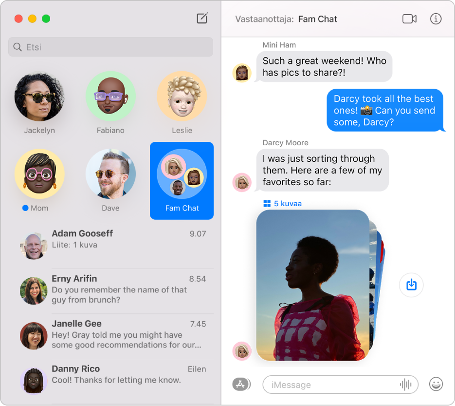 Viestit-apin ikkuna, jonka vasemmalle puolelle on kiinnitetty useita keskusteluja.