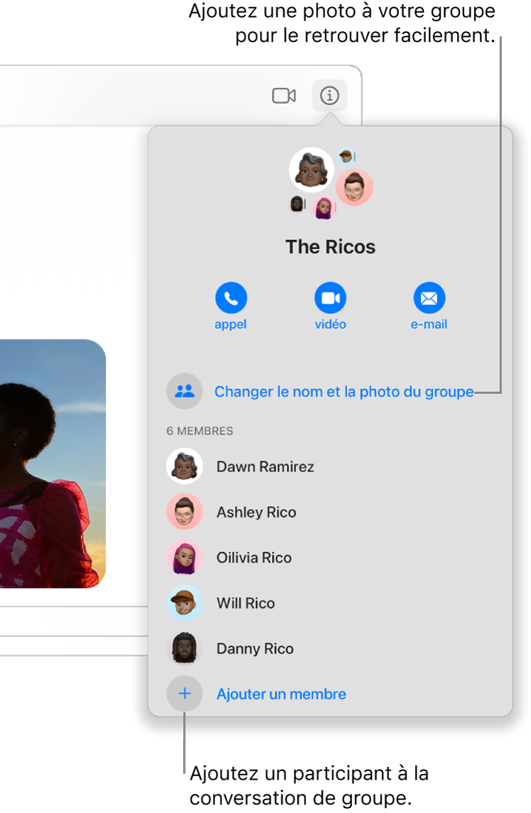 Vue détaillée s’affichant après avoir cliqué sur le bouton Détails dans une conversation de groupe. « Ajouter un membre » apparaît en dessous du nom du dernier participant dans la liste. Vous pouvez modifier le nom et la photo du groupe juste au-dessus des noms des participants.