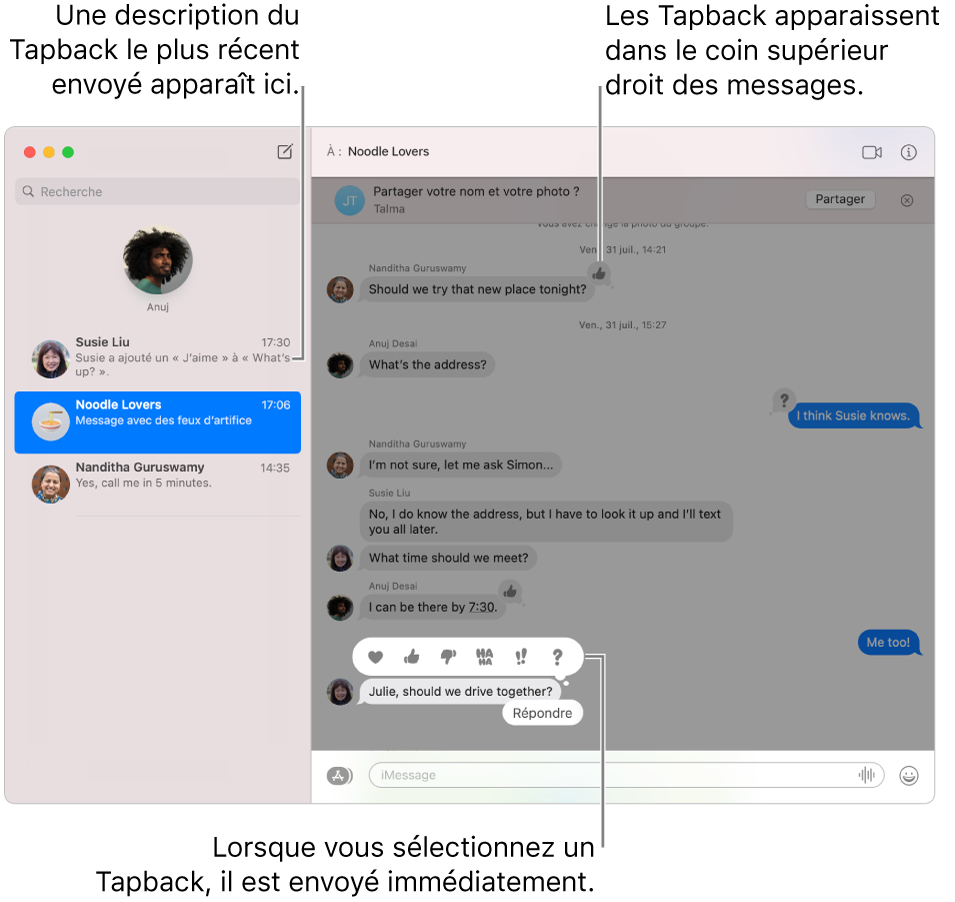 Une description du Tapback le plus récent envoyé dans une conversation apparaît dans la liste à gauche. Le Tapback du pouce pointant vers le haut apparaît dans le coin supérieur d’un message, indiquant que vous avez aimé le message. Un ensemble de choix de Tapback apparaît au-dessus d’un autre message. Cela comprend un cœur, un pouce pointant vers le haut, un pouce pointant vers le bas, « ha ha », des points d’exclamation et un point d’interrogation.