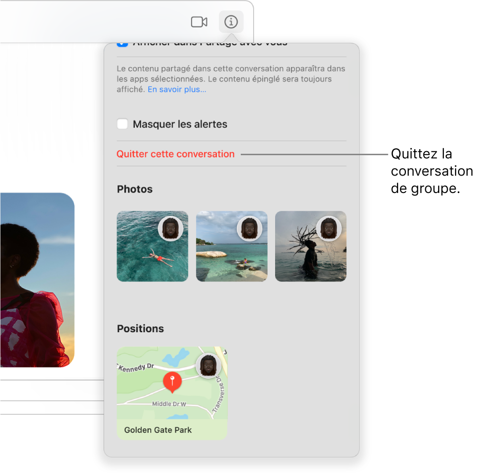 Vue détaillée s’affichant après avoir cliqué sur le bouton Détails dans une conversation de groupe. « Quitter cette conversation » se trouve vers le bas de la zone de dialogue.