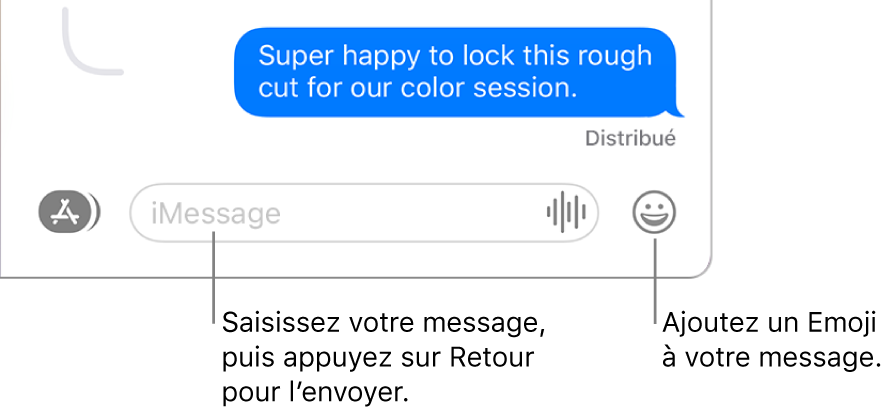 Une conversation dans la fenêtre Messages, avec le champ du message affiché au bas de la fenêtre.