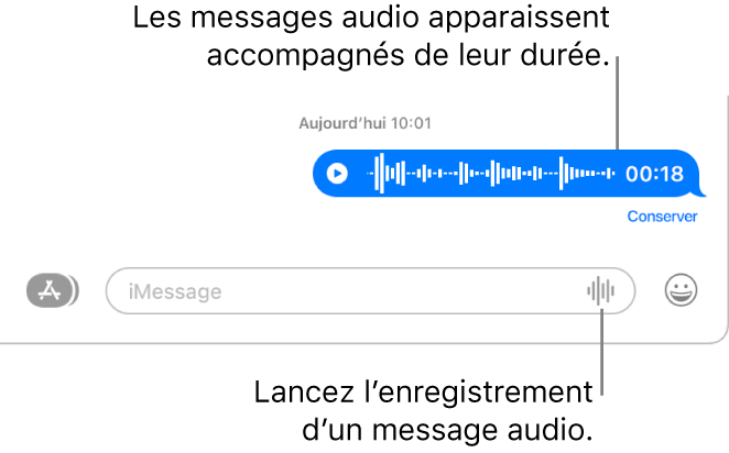Une conversation dans la fenêtre Messages avec le bouton « Enregistrer l’audio » en regard de la zone de texte au bas de la fenêtre. Un message audio s’affiche avec sa durée dans la conversation.