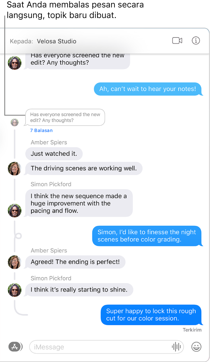 Jendela Pesan menampilkan percakapan dengan beberapa balasan yang dibuat topik dalam pesan.