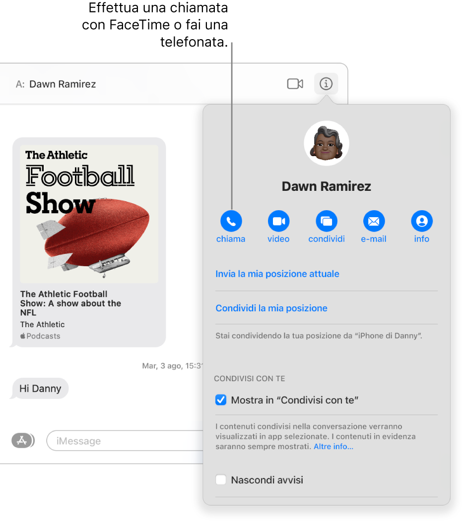 Vista Dettagli, che appare quando fai clic sul pulsante Dettagli in una conversazione. Usa il pulsante di chiamata sulla sinistra per avviare una chiamata audio con FaceTime oppure fai una telefonata.