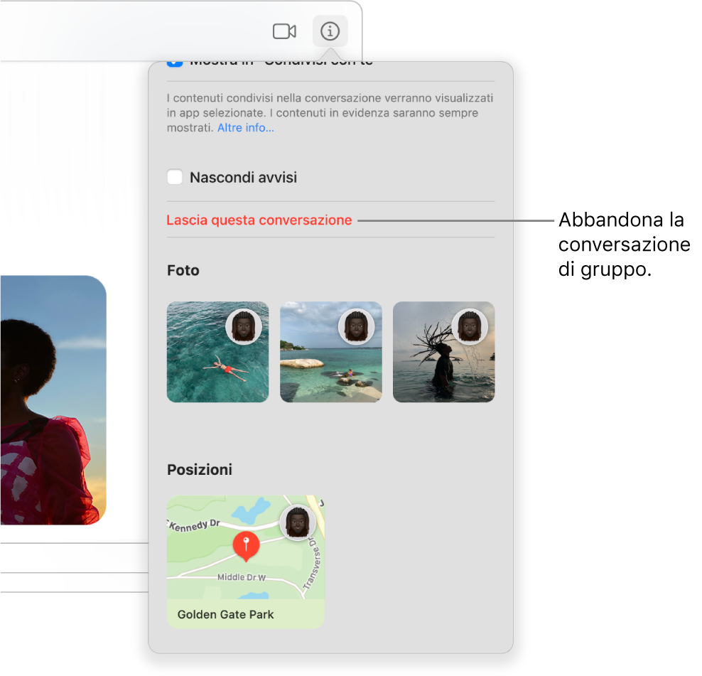 Vista Dettagli, che appare quando fai clic sul pulsante Dettagli in una conversazione di gruppo. “Lascia questa conversazione” si trova in fondo alla finestra di dialogo.