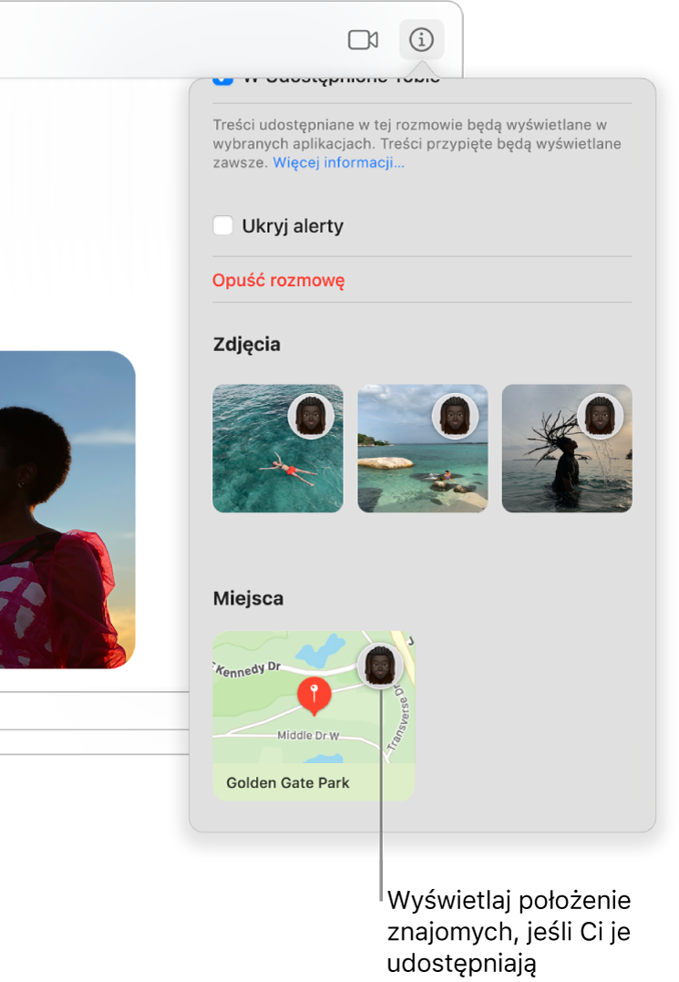 Widok szczegółów z mapą wyświetloną na dole. Widoczna jest ikona znajomego, który udostępnia Ci swoje położenie.