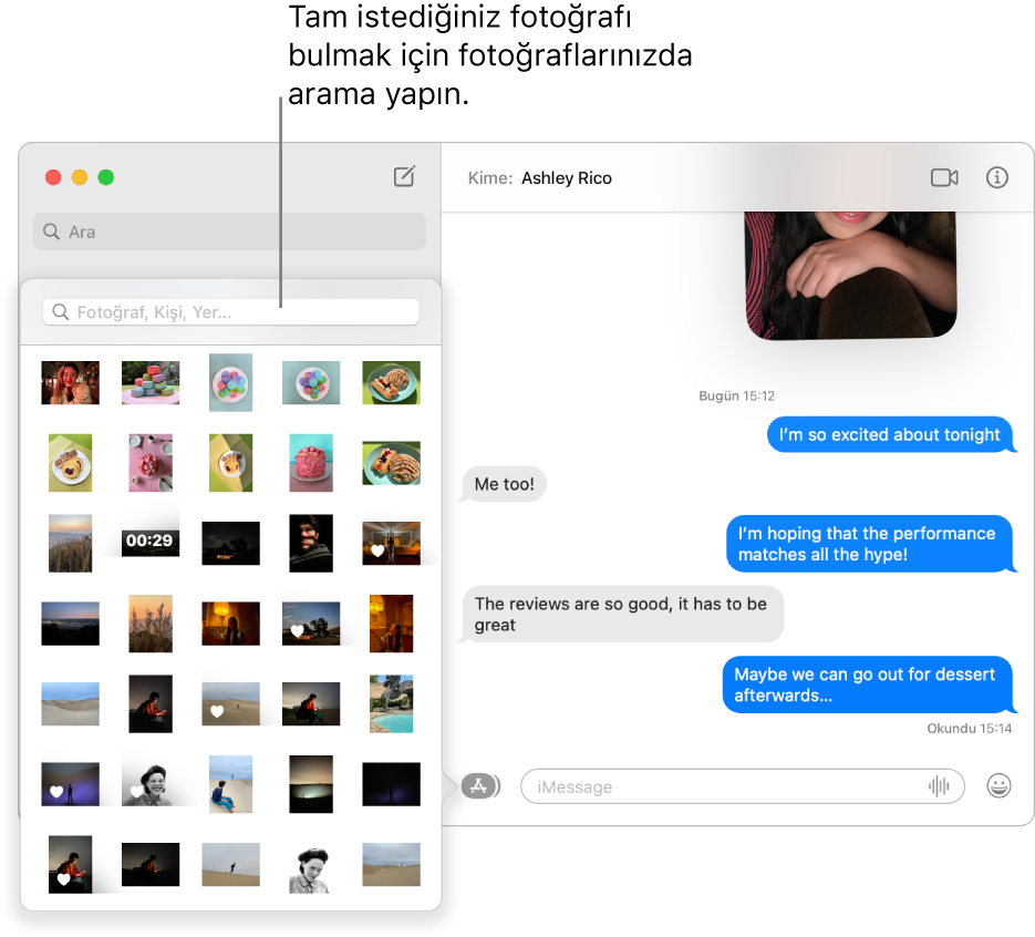 Soldaki kenar çubuğunda çeşitli yazışmaların listelendiği, sağda fotoğraflarınızda arama yapabileceğiniz arama alanının ve bir yazışmanın gösterildiği Mesajlar penceresi.