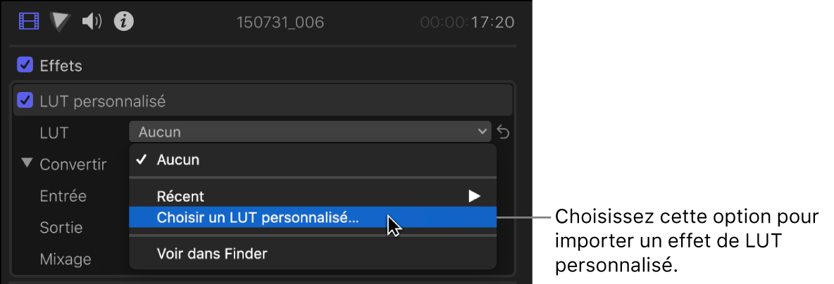Option « Choisir une LUT personnalisée » choisie dans le menu local LUT dans la section LUT personnalisée de l’inspecteur vidéo