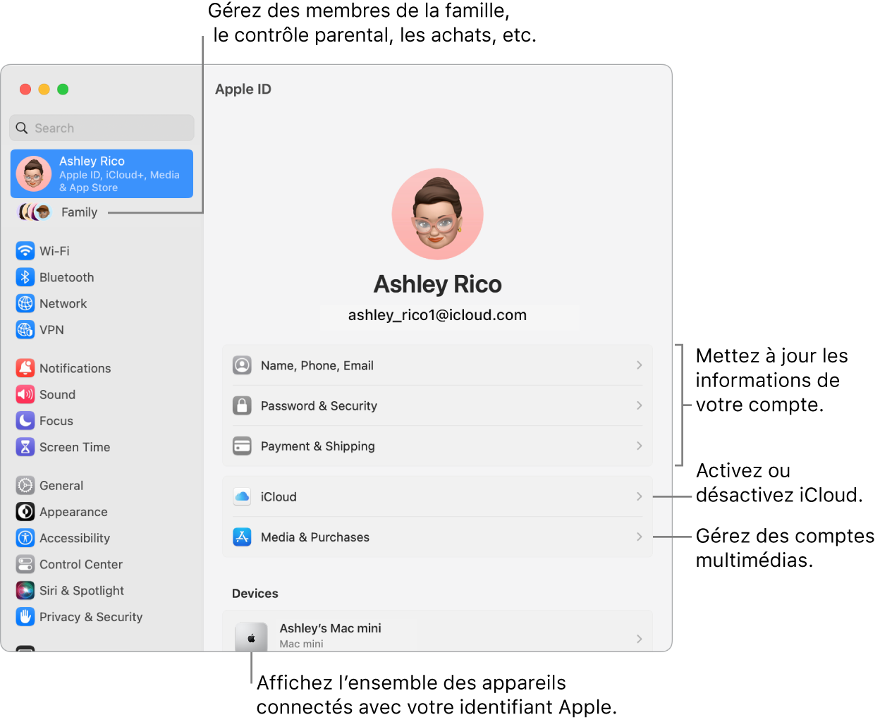 Réglages de l’identifiant Apple dans « Réglages Système » avec des légendes pour la mise à jour des informations du compte, l’activation ou la désactivation des fonctionnalités iCloud, la gestion des comptes multimédias, et Famille, où vous pouvez gérer les membres de votre famille, les contrôles parentaux, les achats, et plus encore.