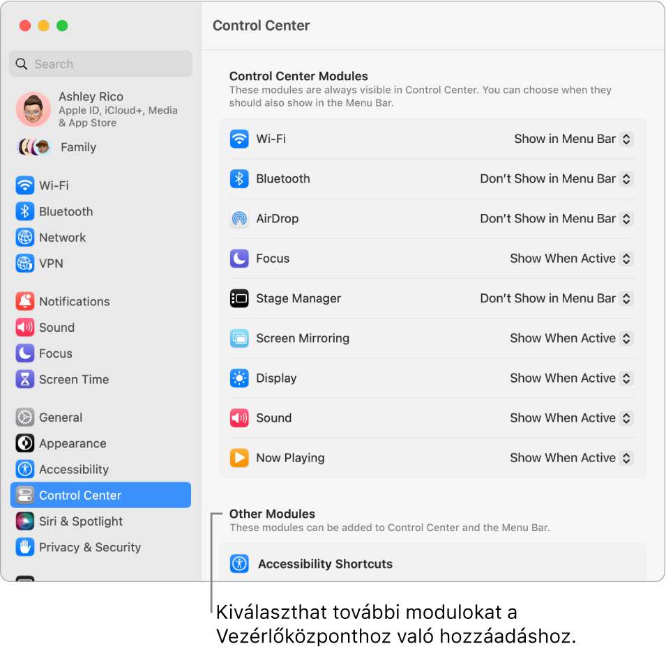 A Vezérlőközpont beállítások ablaka.