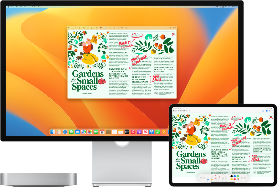 Blakus novietoti Mac mini dators un iPad ierīce. Abos ekrānos redzams raksts ar dažādiem ar roku veiktiem labojumiem, piemēram, izsvītrotiem teikumiem, bultiņām un pievienotiem vārdiem. iPad ierīces ekrāna apakšā ir arī joslas Markup vadīklas.