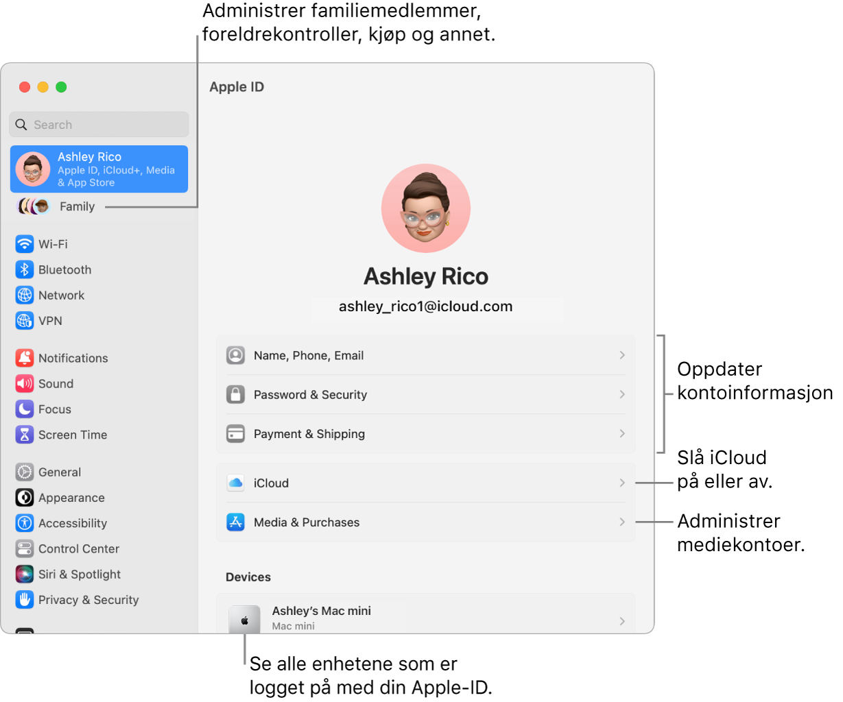 Apple-ID-innstillinger i Systeminnstillinger med forklaringer for hvordan du oppdaterer kontoinformasjon, slår av eller på iCloud-funksjoner, administrerer mediekontoer, og Familie, der du kan administrere familiemedlemmer, foreldrekontroller, kjøp og mer.