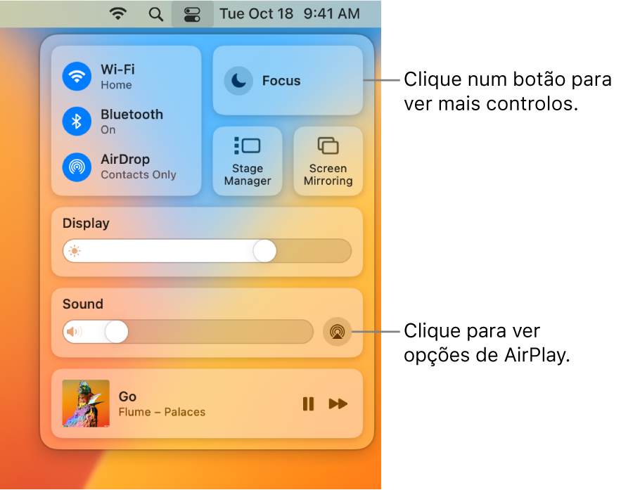 Vista ampliada da central de controlo no Mac.