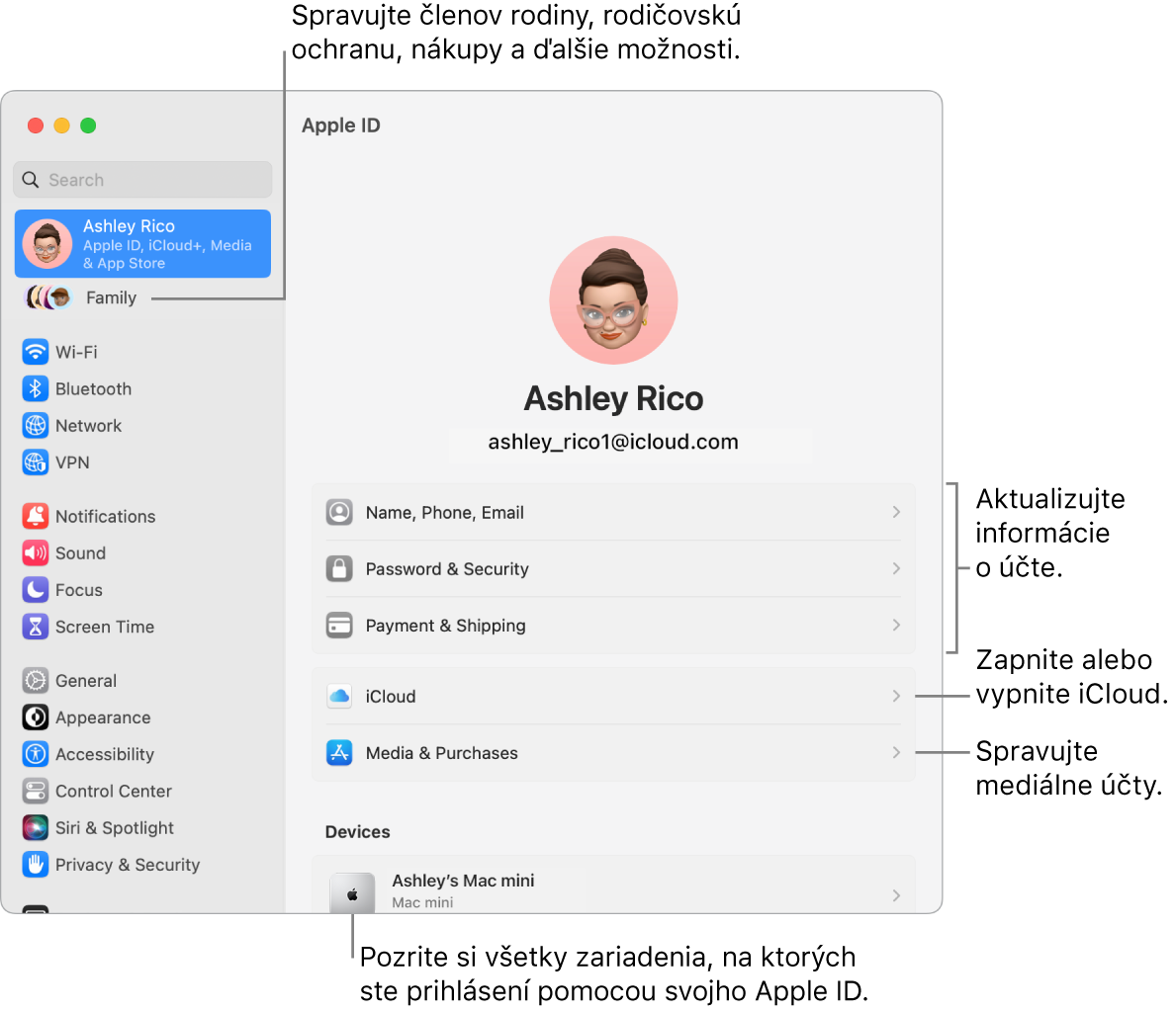 Nastavenia Apple ID v Systémových nastaveniach s popismi na aktualizáciu informácií o účte, zapnutie alebo vypnutie funkcií iCloudu, správu mediálnych účtov a položku Rodina, kde môžete spravovať členov rodiny, rodičovskú ochranu, nákupy a ďalšie možnosti.