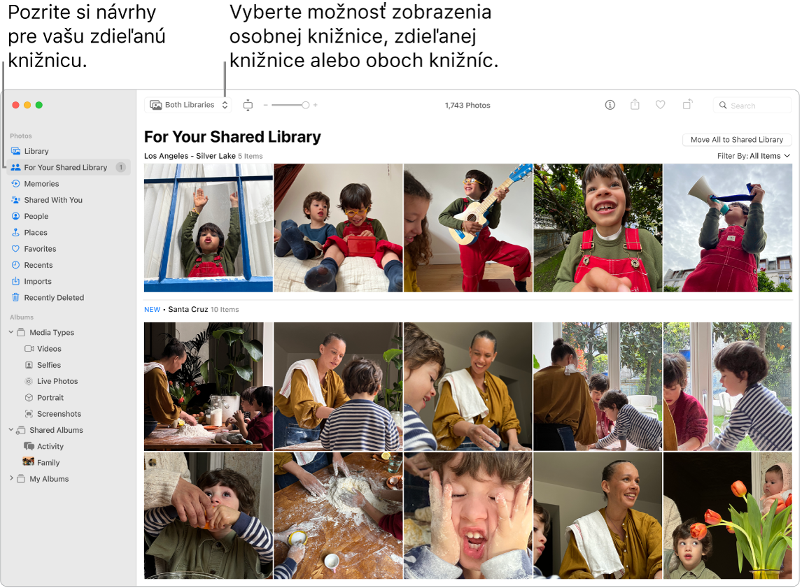 Okno apky Fotky, v ktorom je zobrazená osobná aj zdieľaná knižnia a návrhy fotiek na zdieľanie.