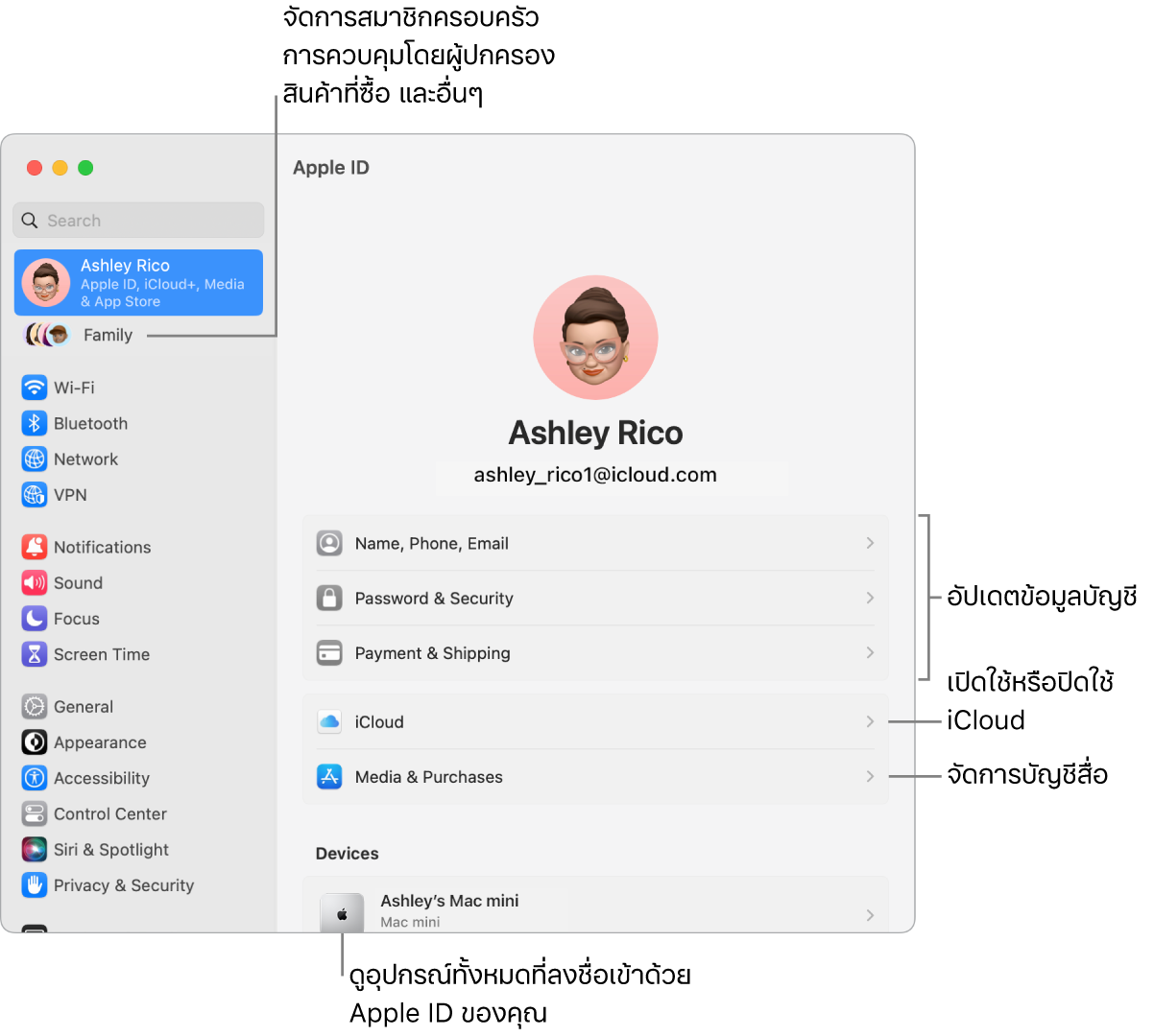 การตั้งค่า Apple ID ในการตั้งค่าระบบที่มีตัวชี้บรรยายเพื่ออัปเดตข้อมูลบัญชี, เปิดใช้หรือปิดใช้คุณสมบัติ iCloud, จัดการบัญชีสื่อ และครอบครัว ซึ่งคุณสามารถจัดการสมาชิกครอบครัว การควบคุมโดยผู้ปกครอง การซื้อสินค้า และอื่นๆ
