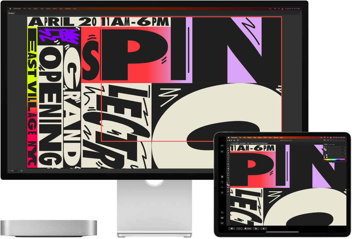 Mac mini та iPad поруч. На iMac mini показано рисунок у вікні навігатора програми Illustrator. На iPad показано той самий рисунок у вікні документа Illustrator, який оточено панелям інструментів.
