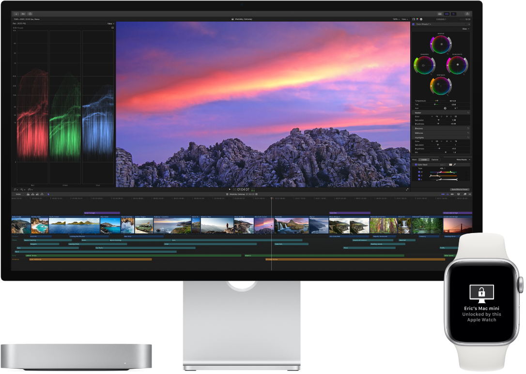 Mac mini 及其显示器显示在 Apple Watch 旁边,信息提示 Mac 已通过手表解锁。