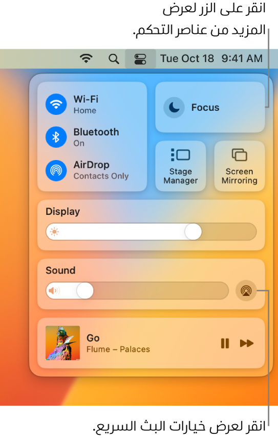 عرض مُكبَّر لمركز التحكم على Mac.