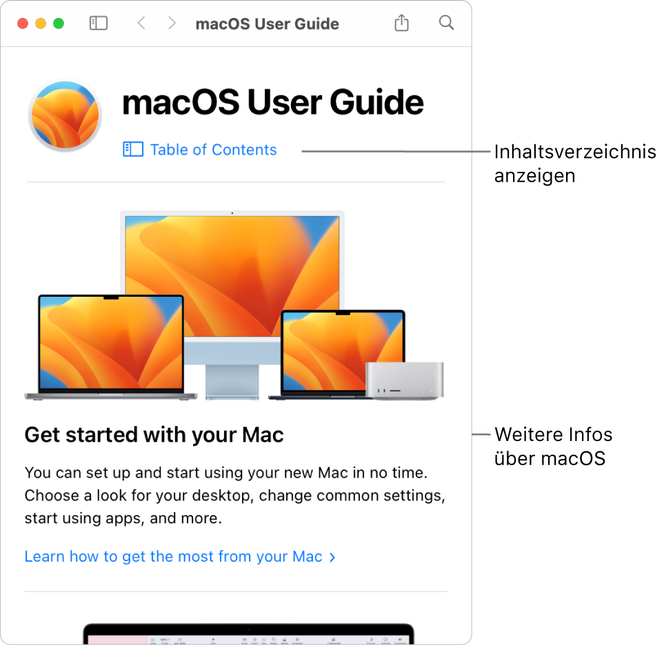 Die Startseite des macOS – Benutzerhandbuchs mit dem Link zum Inhaltsverzeichnis
