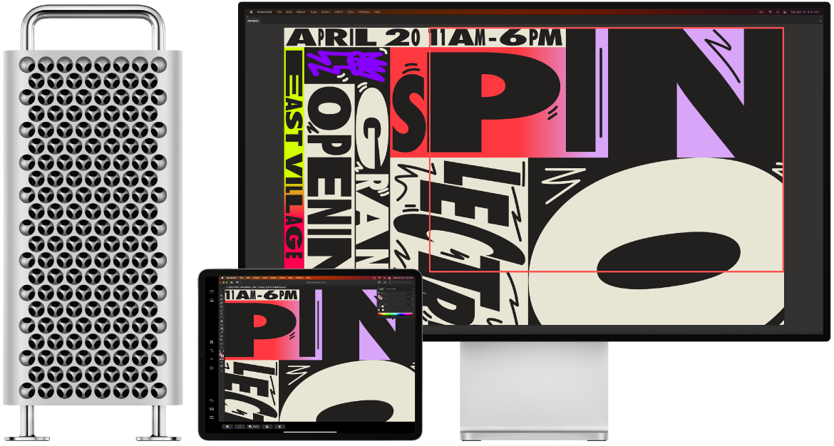 Ein Mac Pro und ein iPad nebeneinander. Auf dem Mac Pro sind Bilder im Navigatorfenster von Illustrator zu sehen Auf dem iPad sind dieselben Bilder im Dokumentfenster von Illustrator umgeben von Symbolleisten zu sehen.