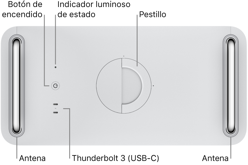 La parte superior de la Mac Pro mostrando el botón de encendido, el indicador luminoso del sistema, el pestillo, la antena y dos puertos Thunderbolt 3 (USB-C).
