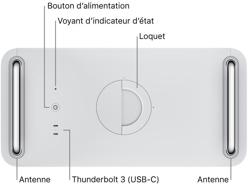 Le dessus du Mac Pro montrant le bouton d’alimentation, le voyant système, le loquet, l’antenne et deux ports Thunderbolt 3 (USB-C).