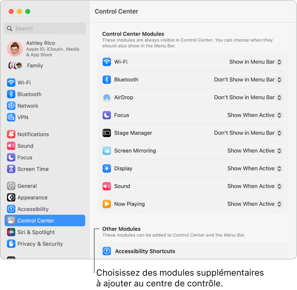 Fenêtre des réglages « Centre de contrôle ».
