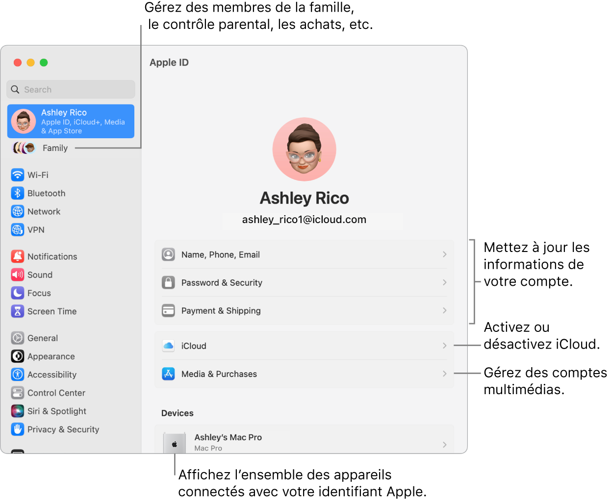 Sous-fenêtre de l’identifiant Apple dans « Réglages Système » avec des légendes pour la mise à jour des informations du compte, l’activation ou la désactivation des fonctionnalités iCloud, la gestion des comptes multimédias, et Famille, où vous pouvez gérer les membres de votre famille, les contrôles parentaux, les achats, et plus encore.