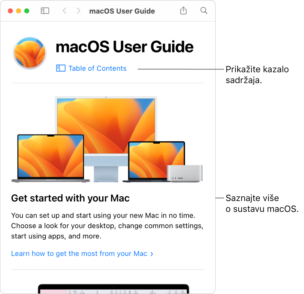 Stranica dobrodošlice za Upute za uporabu za macOS koja prikazuje link za Sadržaj.