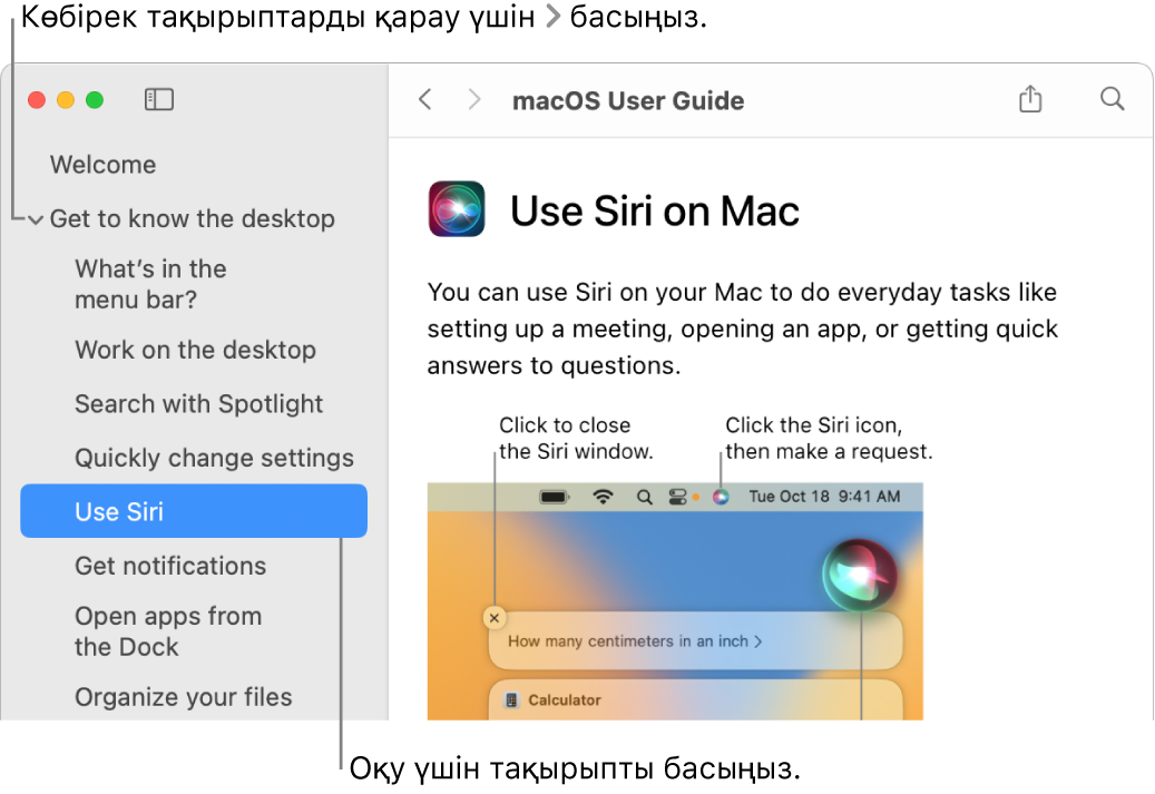 Бүйірлік жолақта берілген тақырыптарды қарау жолын және тақырыптың мазмұнын көрсету жолын көрсетіп тұрған Help Viewer құралы.