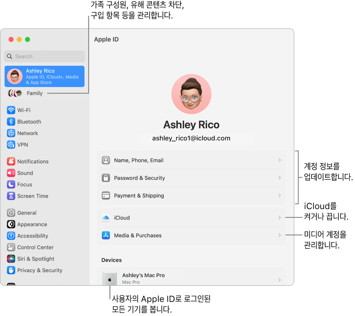 계정 정보 업데이트, iCloud 기능 켜기 또는 끄기, 미디어 계정 관리 및 가족 구성원, 유해 콘텐츠 차단, 구입 항목 등을 관리할 수 있는 가족에 대한 설명이 있는 시스템 설정의 Apple ID 패널.